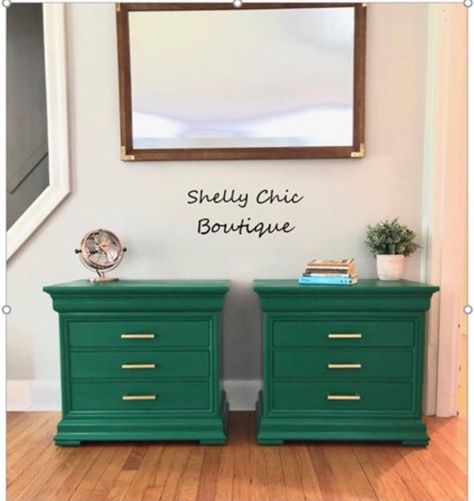 Emerald Painted Furniture, Green Painted Nightstand, Green Bedside Tables, Gold Nightstands, Shabby Chic Hutch, Green Bedside Table, Green Bedroom Furniture, Gold Nightstand, Green Nightstands