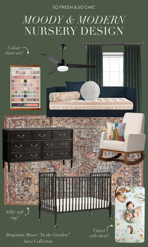 Black Jenny Lind Crib Nursery, Black Jenny Lind Crib, Green And Blue Nursery Gender Neutral, Black Crib Nursery Gender Neutral, Green Nursery Black Crib, Navy Crib Nursery, Moody Green Nursery, Green Curtains Nursery, Nursery With Daybed And Crib