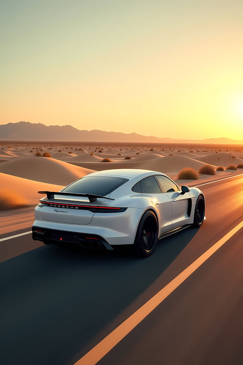 Close up of a white Porsche taycan turbo s from the back speeding down a long, empty highway in the middle of a vast desert. The sun is setting, casting a golden glow over the sand dunes and the car’s aerodynamic silhouette  AI Model:Creative XL Style: Stanced Taycan Porsche, Porsche Taycan Turbo S, White Porsche, Porsche Taycan, Turbo S, Golden Glow, Sand Dunes, The Sand, Porsche