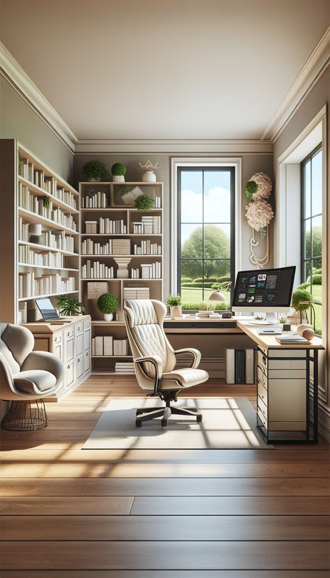 Home Office With Window, Wfh Office, Home Office Guest Room Combo, Luxury Office Furniture, Home Office Built Ins, Office Vibes, Home Office/guest Room, Tranquil Garden, Office Built Ins