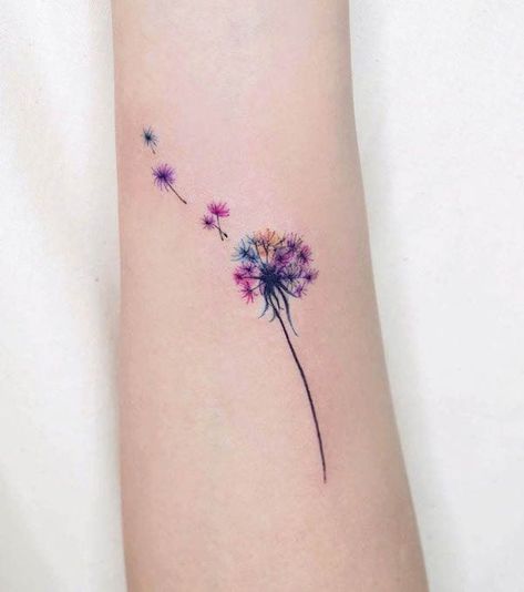 Colorful dandelion tattoo by @tilda_tattoo Dandelion Tattoo Meaning, Dandelion Tattoos, Just Breathe Tattoo, Pansy Tattoo, Dandelion Tattoo Design, Toe Tattoos, Our Mindful Life, Tiny Wrist Tattoos, Watercolor Tattoo Flower