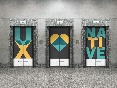 Elevator Door Design by Romain Super Elevator Doors Design, Fun Elevator Design, Elevator Door Design, Elevator Lobby Design, Office Graphics, Lift Lobby, Elevator Lobby, Office Signage, Elevator Design