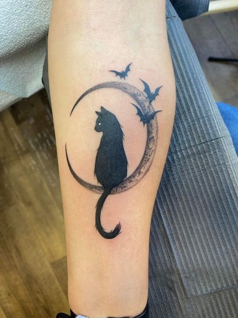 Cat Moon Bat Tattoo, Black Cat Witch Hat Tattoo, Black Cat Heart Tattoo, Luna Cat Tattoo, Witch Cat Tattoo, Cat Moon Tattoo, Cat And Moon Tattoo, Mens Face Tattoos, Tattoos Abstract