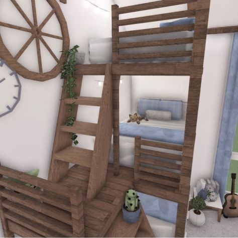 Farmhouse Decor Bloxburg, Bloxburg Bunk Bed, Beach House Ideas Bloxburg, Bloxburg Beach House Interior, Beach Bloxburg, Bloxburg Farmhouse Ideas, Bunk Bed Bedroom, Apartment Loft Ideas, Bloxburg Beach House