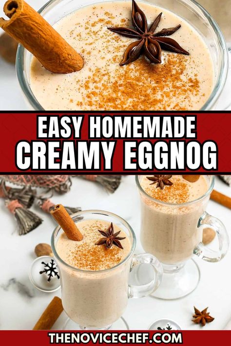 Creamy, rich, and perfectly smooth, this easy homemade eggnog recipe is a holiday classic with hints of nutmeg and vanilla that make every sip feel festive. With just 15 minutes of effort, you’ll never want to go back to store-bought after trying this! #ChristmasRecipes #ChristmasFoodRecipes Pumpkin Spice Eggnog Recipe, Eggnog Recipe With Alcohol, Homemade Eggnog Recipe, Classic Christmas Recipes, How To Make Eggnog, Eggnog Drinks, Eggnog Recipe Homemade, Spiced Eggnog, Creamy Eggnog