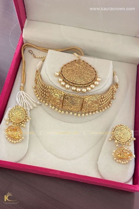 Gold Sets Jewelry Pakistani Design, Silver Jewellery Gold Plated, Gold Simple Set Design, Indian Antique Jewellery Gold, Gold Set Chokar Design, Golden Set Design, Gold Choker Set Designs, Gold Jwellary For Bride, Punjabi Gold Jewellery Set Traditional