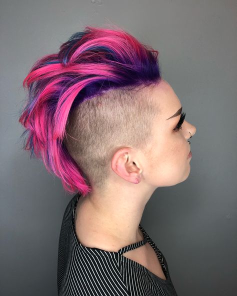 Punk Faux Hawk For Women, Punk Faux Hawk, Colorful Mohawk Woman, Black Mohawk Hairstyles, Purple Faux Hawk, Goth Faux Hawk, Pink Mohawk, Punk Hairstyles, Expressing Yourself