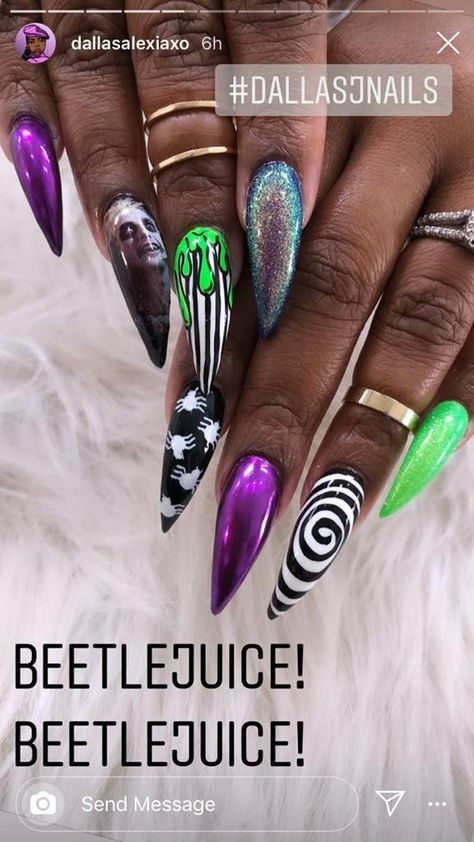 Beatle Juice Nails Acrylic, Beetle Juice Nail Art, Bettle Juice Nail Art, Beatle Juice Nail Art, Bettle Juice Nail Ideas, Joker Nails Designs, Beetlejuice Nails Acrylic, Beetlejuice Nail Designs, Beetlejuice Nail Art