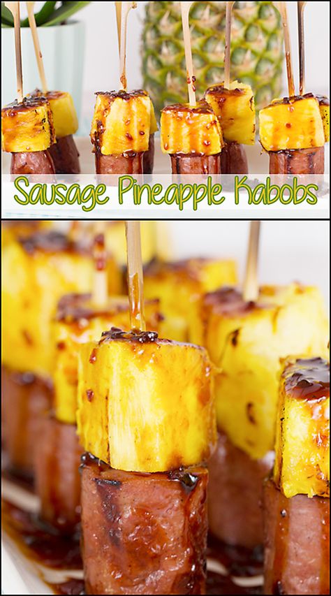 Sausage & Pineapple Appetizer Kabobs  www.joyineveryseason.com Ham And Pineapple Appetizers, Sausage Pineapple Kabobs, Sausage Pineapple Appetizer, Appetizer Kabobs, Sausage Pineapple, Grilled Fruit Dessert, Pineapple Appetizers, Pineapple Kabobs, Sausage Appetizers