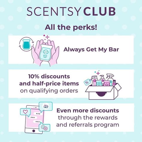 Scentsy Club!!!! Sign up today and enjoy all the perks! 😍

https://jenmazza.scentsy.us/scentsy-club

#perks #club #discounts #rewards Scentsy Club Perks, Scentsy Club, Scentsy Marketing, Join Scentsy, Scentsy Products, Scentsy Consultant Ideas, Scentsy Party, Join The Club, Scentsy Bars