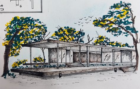 Farnsworth House Sketch, Farnsworth House, House Sketch, Sketch, Fictional Characters, Art