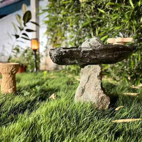 Rock Bird Bath, Balancing Rocks, Rock Balancing, Stone Bird Baths, Concrete Bird Bath, Stone Cairns, Front Garden Landscape, Hosta Gardens, Bird Bath Fountain