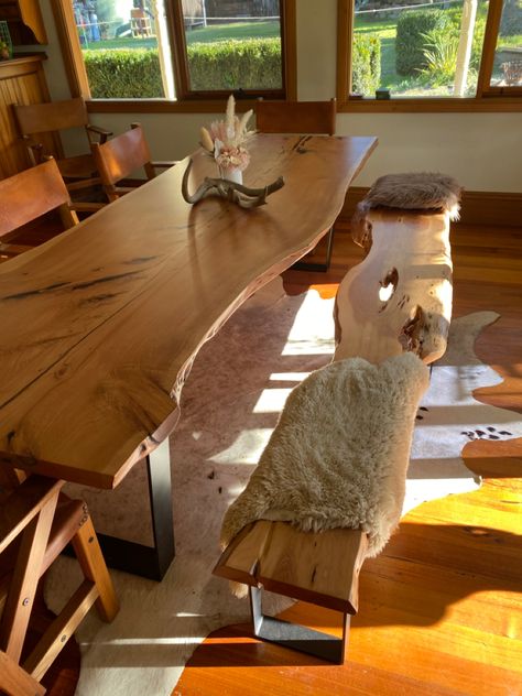 Wood Table Natural, Raw Wood Table Dining, Free Edge Dining Table, Kitchen Table Natural Wood, Dining Room Bench Table, Pecan Dining Table, Love Edge Dining Table, Handmade Wood Dining Table, Long Wooden Dining Table