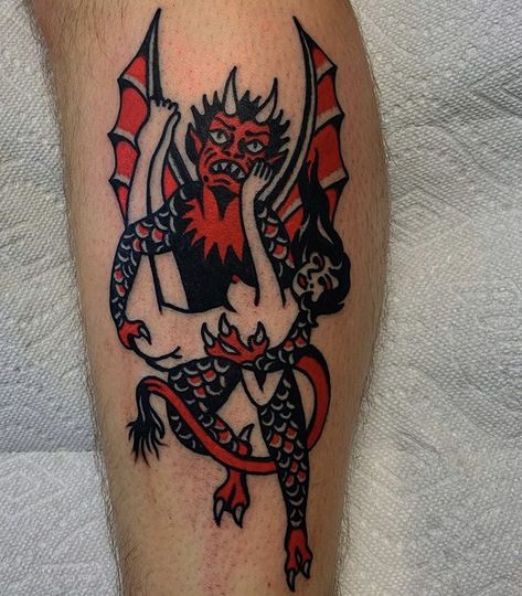 American Traditional Devil and Lady Tattoo #americantraditional #tattoo #boldwillhold #cleanlines #blackandred #deviltattoo #ladytattoo #devilandlady #tattooart #tattoolife #grunge #shanemillertattoos #tattoosofinstagram #flintmichigan #art #tattooideas #colortattoo American Traditional Succubus Tattoo, Traditional Tattoo Ankle, Traditional Gore Tattoo, Hot Stuff Devil Tattoo Design, Bro Traditional Tattoos, Trad American Tattoo, Dance With The Devil Tattoo, Vintage Devil Illustration, Demon Tattoo Traditional