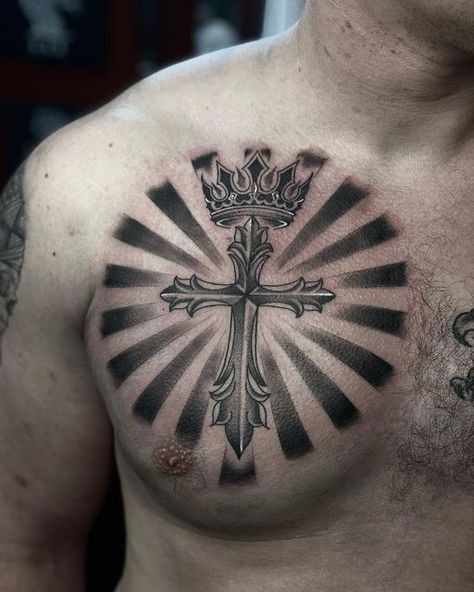 Cross With Halo Tattoo, Easton Tattoo, Cross With Crown Tattoo, Cross And Crown Tattoo, Chest Cross Tattoo, Halo Tattoo, Religious Tattoos, Tatuaje A Color, Cool Tattoos For Guys