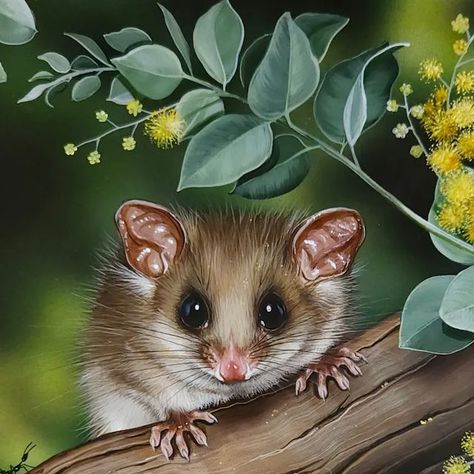 Natalie Parker on Instagram: "Titled: "Playing in Pollen," a cute little Eastern Pygmy Possum in Queensland Silver Wattle. So many delicate details in this little painting.... only 20 x 20cm square!! Such a tiny subject demands the detail 🎨🖌😍 #wildlifeart #fineart #possum #artoninstagram #artforconservation #acrylicpainting #artist #australianartist #wattle #natureart #nocturnal #naturelovers #tinydetails #fur #instaart" Australian Possum Drawing, Pygmy Possum, Australian Possum, Animal Paintings Acrylic, Australian Wildlife, Australian Animals, Australian Art, Woodland Creatures, Aboriginal Art