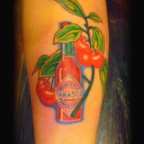 Tabasco and cherries Tabasco Tattoo, Watercolor Tattoo, Tattoo Ideas, Tattoos