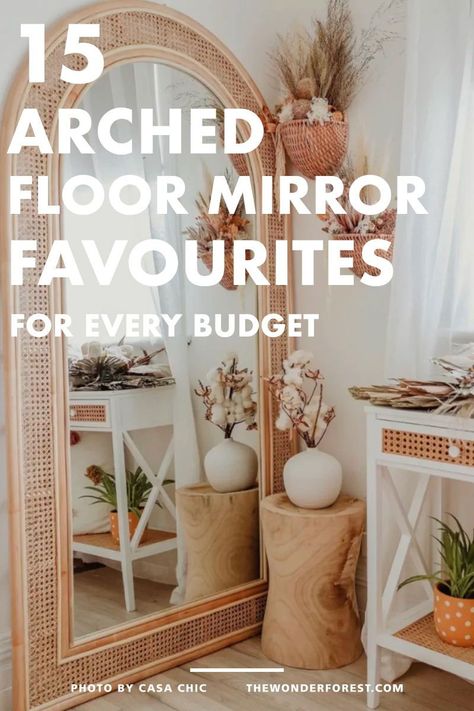 Boho Floor Length Mirror, Living Room Floor Length Mirror, Cheap Large Floor Mirror, Styling Floor Length Mirror, Floor Mirror In Entryway Foyer Ideas, Full Body Mirror Entryway Ideas, Huge Arch Mirror, Arched Full Length Mirror Bedroom, Giant Floor Mirror