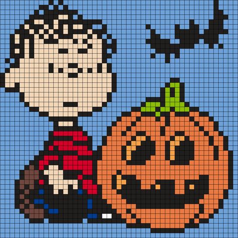 Halloween Linus from Snoopy and the Peanuts Gang (Square Grid Pattern) Peanuts Cross Stitch Patterns, Fall Pixel Art, Halloween Perler, Kandi Cuffs, Square Grid, Graph Crochet, Halloween Cross Stitch Patterns, Motifs Perler, Halloween Crochet Patterns