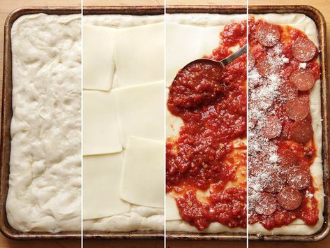 Sicilian Pizza Recipe, Prince Street Pizza, Sicilian Pizza, Pizza At Home, Pecorino Romano Cheese, New York Pizza, Pecorino Romano, Spicy Tomato Sauce, Romano Cheese