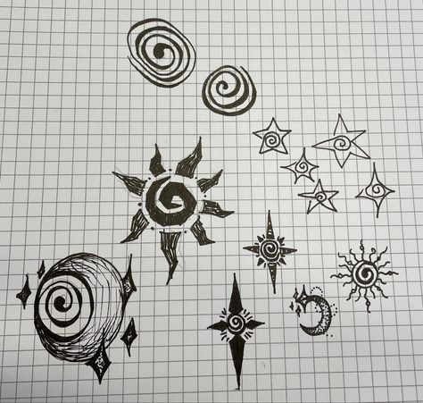 Swirly Moon Tattoo, Swirly Star Tattoo, Swirl Tattoo Spirals, Spiral Sun Tattoo, Spiral Tattoo Ideas, Spiral Doodle, Swirly Tattoo, Spiral Star, Swirl Tattoo