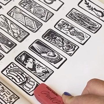 Serena Rios McRae | Tucson Art on Instagram: "Everyone tag @paper_mate !! Trying to stay organized as I continue carving 100 pink erasers into teeny tiny scenes. These latest carvings are available as prints in the shop rn! They will also soon all be available at @artandsoltattoo for tattooing! #pinkeraserart #pinkeraserproject #100pinkerasers ##100dayproject #carvingerasers #erasercarving #linocut #linoprinting #linoprint #linogravure #linocutting #printmaker #miniatureart #miniart #tinyart #tinyartwork #sketchbook" Diy Stamp Eraser, Eraser Carving Handmade Stamps, Eraser Block Print, Pink Eraser Stamp, Eraser Printmaking, Eraser Linocut, Eraser Stamp Ideas, Eraser Prints, Stamp Design Ideas