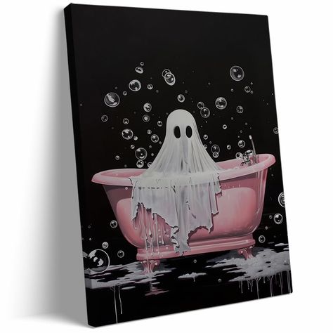 PRICES MAY VARY. Easy To Hang：Retro Halloween Frame wall art Poster size：11*14inchs. Whimsical ghost art already stretched on solid wooden frames, gallery wrapped, with hooks and accessories, ready to hang. The painting can be easily hung in any room you like and is very convenient. Enjoy a hassle-free setup that takes just a few minutes,Perfect for adding an eerie magical touch to any room this wall art features a captivating design that embodies the spirit of the season. High Quality Ghost Can Frankenstein House Decor, Dry Erase Halloween Art, Dark Dopamine Decor, Horror Bathroom Decor, Spooky Things To Paint, Cool Wall Art Paintings, Halloween Restroom Decor, Spooky Season Painting, Ghost Face Painting