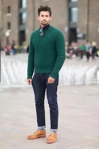 Sweater outfits for men – 17 Ways to Wear Sweaters Fashionably Green Jumper, Mens Fashion Sweaters, Mens Fashion Blog, Pullover Outfit, Leather Brogues, Cable Sweater, Men Clothes, Men Street, Mens Fashion Suits