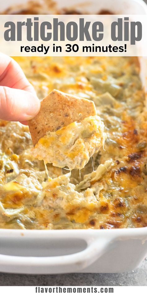 It doesn't get more delicious than Artichoke Dip! It's cheesy, delicious and packed with artichoke hearts and diced chilis for a kick of heat. It's an easy appetizer that's perfect for holidays or any occasion! #dip #appetizer #artichoke Easy Baked Dip Recipes, Easy Dips For Football Party, Canned Artichoke Heart Recipes Appetizers, Hot Artichoke Dip Recipe Crock Pot, Artichoke Dip Without Spinach, Fresh Artichoke Dip, Pop Corners Artichoke Dip, Three Cheese Artichoke Dip, Artichoke And Cheese Dip