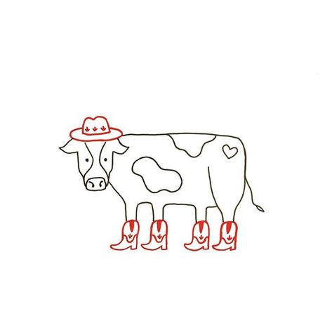 Cow With Hat Tattoo, Cowboy Cow Tattoo, Cow Wearing Sweater Tattoo, Cowboy Doodles Easy, Cow With Cowboy Hat Tattoo, Simple Cow Tattoo, Mini Cow Tattoo, Hipster Animals Illustration, Cowboy Line Art