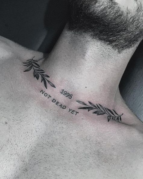 Tattoo Back Neck Men, Leaf Tattoo On Neck, Below Neck Tattoo, Leaves On Neck Tattoo, Around Neck Tattoo Men, Leaves Around Neck Tattoo, Greek Vines Tattoo, Neck Leaves Tattoo, Appendix Scar Tattoo Cover Up