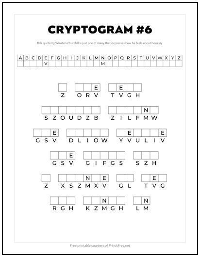 This free printable cryptogram features a quote by Winston Churchill, in which different letters are substituted for the correct ones. We’ve provided a couple letters to get you started – see if you can decode the rest of the quote! Cryptograms Free Printable, Crossword Puzzles For Adults Free Printable, Crossword Puzzles For Adults, Couple Letters, Cryptic Crosswords, Word Puzzles For Adults, Cross Word Puzzles For Adults, Winston Churchill Quotes, Nursing Home Activities