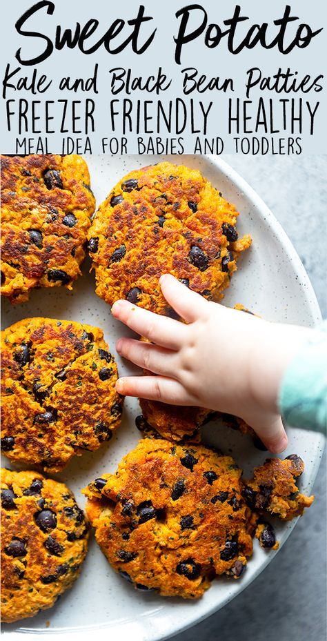 These Sweet Potato, Kale and Black Bean Patties are an easy way to get picky toddlers to LOVE eating vegetables!  This healthy toddler meal idea can be made ahead of time, is freezer friendly, and perfect for baby led weaning.  |  healthy baby food recipes | vegetable recipes for babies and toddlers | 1 year old food ideas Blw Black Bean Recipes, Baby Veggie Patties, Vegetarian Baby Meals, Healthy Meals For One Year Old, Black Beans For Baby, Blw Protein Ideas, Veggie Ideas For Toddlers, Beans For Toddlers, Toddler Food Ideas One Year Old