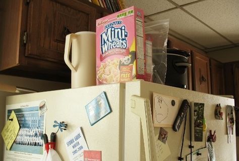 Kitchen Organization: What's On Top of Your Fridge? Top Of The Fridge Organization, Top Of Fridge Organization, Tiny Apartment Kitchen, On Top Of Fridge, Top Of Fridge, Rhyme Or Reason, Dust Bunny, Mini Wheats, Fridge Top