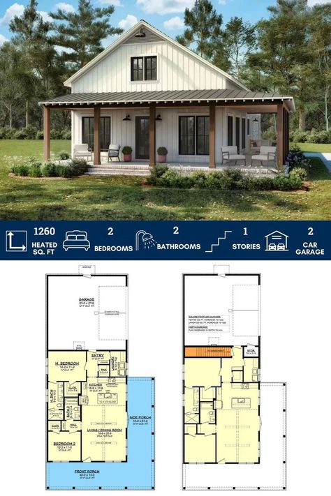 Discover this charming 2-bed barndominium-style starter farmhouse plan with 1260 sq ft. Perfect blend of rustic charm and modern living! Mil Suite, Little Cabin In The Woods, Barndominium Plans, Garage Entry, Side Porch, Barndominium Floor Plans, Little Cabin, Farmhouse Plan, Starter Home