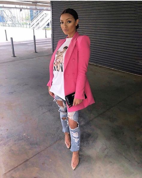 Look Jean, Clear Heels, Pink Blazer, Brunch Outfit, The Outfit, Mode Inspo, Blazer Outfits, Looks Style, Outfits Casuales