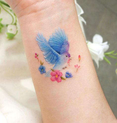 Mucha Tattoo, Forearm Cover Up Tattoos, Small Colorful Tattoos, Bluebird Tattoo, Watercolor Bird Tattoo, Korean Tattoo Artist, Colorful Tattoo, Tiny Paintings, Unique Small Tattoo