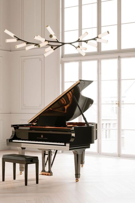 Piano Studio Room, Grand Piano Living Room, Grand Piano Room, Piano Living Rooms, Piano Pictures, Sculptural Lighting, Stair Well, Piano Studio, Brass Interior