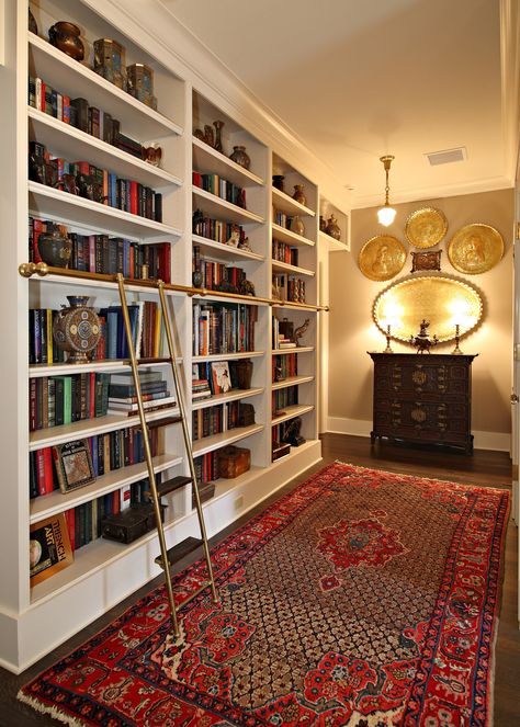 Modern Cottage Library, Upstairs Landing Library, Best Bedrooms In The World, Classic Library Room, Library Bedroom Master Suite, Mediterranean Library Room, Hallway Library Ideas, White Home Library, Book Hallway