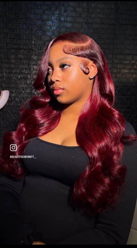 Cherry Red Wig For Black Women, Red Wig Install Black Women, Wig Color Ideas Black Women, Frontal Styles, Frontals Wigs, Black Girls Hairstyles Weave, Colored Hairstyles, Bday Hair, Army Shorts