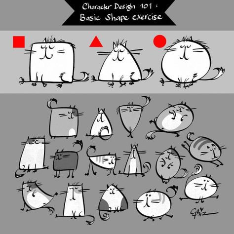 Tuesday Tips – Character Design exercise.  This is a very fun and basic character design exercise. Use basic shape and make a character out of them. I choose to do a super stylized cat, cause cat rules!!!! Also, they’re fun to caricature.  Here’s the... Basic Character Design, Normand Lemay, Square Character, Cat Rules, Draw Cats, Character Design Tips, رسم كاريكاتير, Tuesday Tips, Body Tips