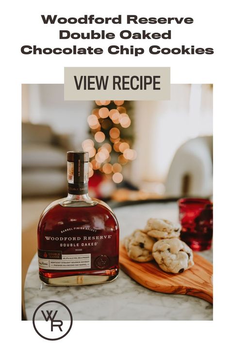 Chocolate chip cookies made with Woodford Reserve Double Oaked Bourbon beside a bottle with a holiday tree in the background. Bourbon Chocolate Chip Cookies, Woodford Reserve Drinks, Bourbon Cookies, Woodford Reserve Double Oaked, Bourbon Chocolate, Bourbon Balls, Woodford Reserve, Almond Flour Cookies, Chocolate Bourbon