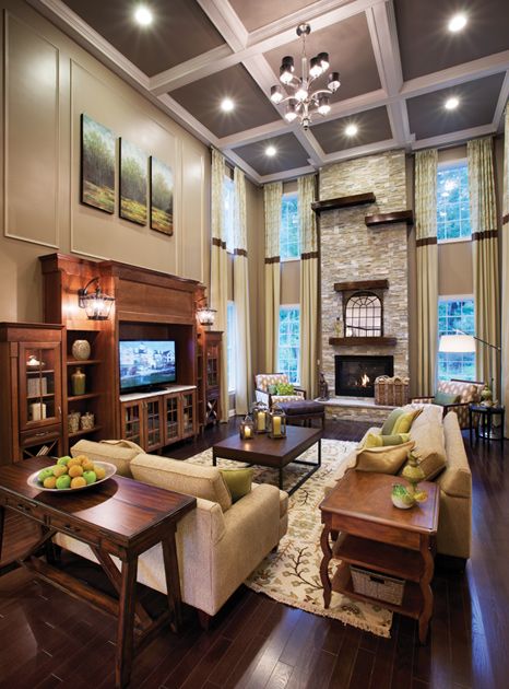 Toll Brothers - America's Luxury Home Builder Great Room With Tv Not Over Fireplace, Interior Design Country, High Ceiling Living Room, Toll Brothers, Family Room Design, Furniture Arrangement, Tv Room, Room Layout, Entertainment Center