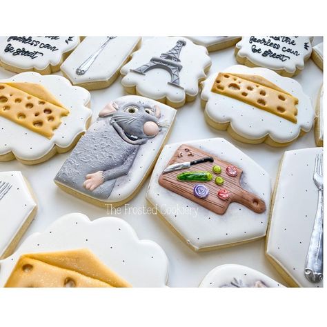 Ratatouille Cookies Decorated, Pixar Cookies, Ratatouille Party, Themed Cookies, Childrens Birthday Party, Fun Cookies, Baby Art, What You Eat, Cookie Cake