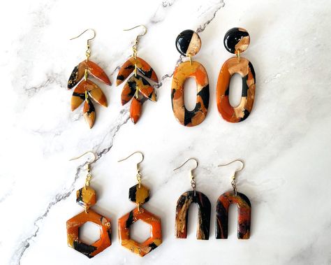 Orange Clay Earrings, Black Clay Earrings, Black Earrings, Gold Collection, Polymer Clay Crafts, Handmade Polymer Clay, Clay Crafts, Polymer Clay Earrings, Handmade Earrings