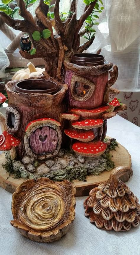 Fimo Fairy House, Fairy House Air Dry Clay, Mushroom Fairy House Clay, Air Dry Clay Fairy House Jar, Polymer Clay Glass Jar Fairy Houses, Halloween Fairy Garden, Fairy Tree Houses, Fairy House Crafts, Clay Fairy House