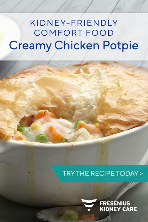 Looking for some kidney-friendly comfort food this holiday season? Our Creamy Chicken Potpie will do the trick. Make a double batch and freeze the extra to have whenever the craving hits. #HealthTips #SelfCare #FitnessTips #HealthyLiving #FitLife #Wellness #NutritionTips #HealthyLifestyle Renal Friendly Recipes, Davita Recipes, Kidney Healthy Foods, Renal Recipes, Ckd Recipes, Kidney Friendly Recipes Renal Diet, Kidney Diet Recipes, Food For Kidney Health, Healthy Kidney Diet