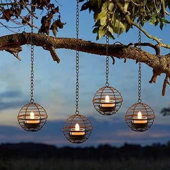 Solar Hanging Lanterns Outdoor Waterproof, Rust Iron Ball Candle Holder with Flickering Solar Powered Tea Lights, Perfect Chargeable Solar Lights for Backyard Patio Garden Fence Tree Decoration-4Pack Lights For Backyard, Backyard Solar Lights, Backyard Patio Garden, Fence Trees, Lanterns Outdoor, Solar Hanging Lanterns, Outdoor Lantern Lighting, Walkway Lights, Ball Candles