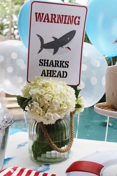 Sharks Birthday Party Ideas | Photo 7 of 17 Shark Theme Centerpieces, Shark Centerpiece Ideas, Shark Centerpieces, Sharks Birthday Party, Shark Party Ideas, Mermaid Shark, Shark Baby Shower, Driveway Walkway, Shark Week Party