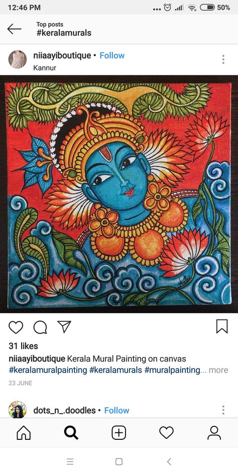 Kerala Mural Art Krishna, Mural Art Indian, Krishna Mural Art, Krishna Mural Painting, Kerala Drawing, Kerala Mural Art, Kerala Art, Buddha Painting Canvas, Mural Art Design